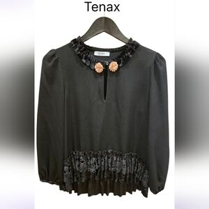 Tenax Made In Italy Black Velvet Ruffle Trim Blouse Sz 42 It /6 Us